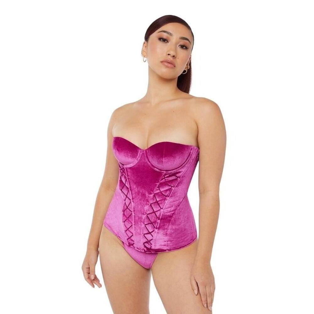 Savage X Fenty Corset Top Womens Large Pink Velvet Strapless Lace Up Boned New - Picture 2 of 7
